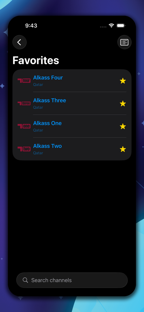 Drama live - دراما لايف - Favorites screen in the Drama Live app showing a list of saved TV channels like Alkass