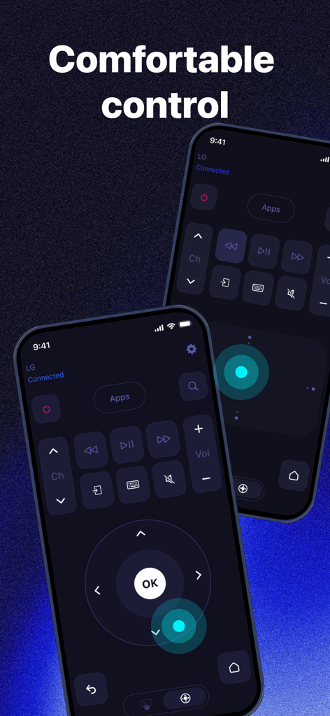 The Remote Control for TV: хТV - ダークテーマとタッチナビゲーションボタンを備えたユニバーサルテレビリモコンアプリのインターフェースを表示するiPhone