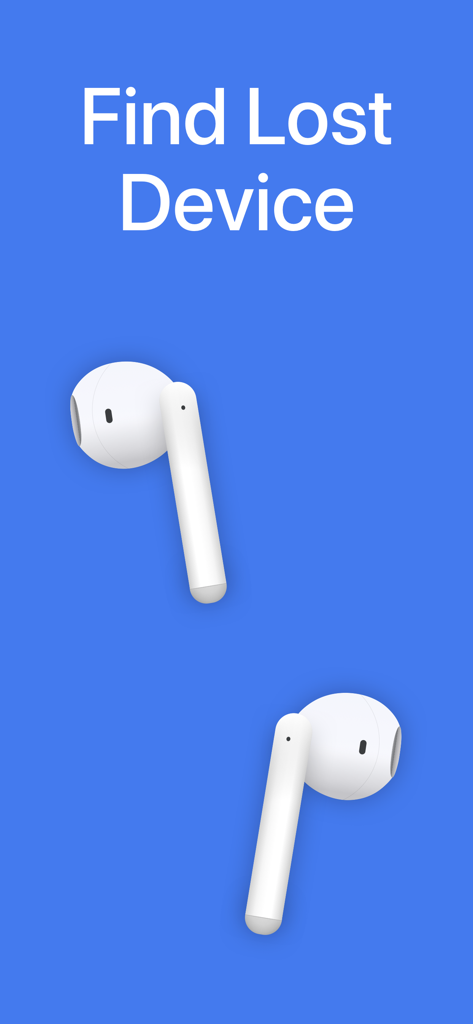 Wunderfind: Find Lost Device - Pantalla con el texto Encuentra Dispositivo Perdido y dos auriculares inalámbricos sobre un fondo azul