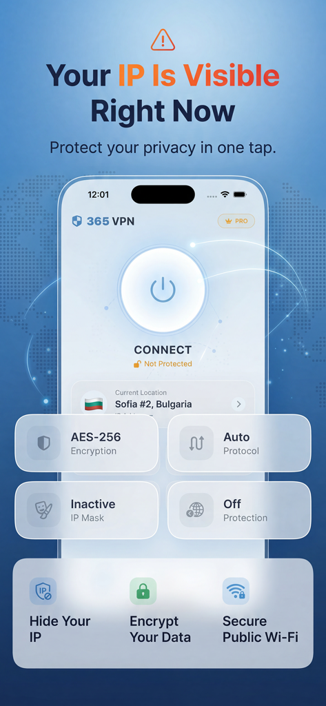 IP 보호 기능 및 탭 한 번 연결을 보여주는 365VPN 앱 인터페이스 스크린샷