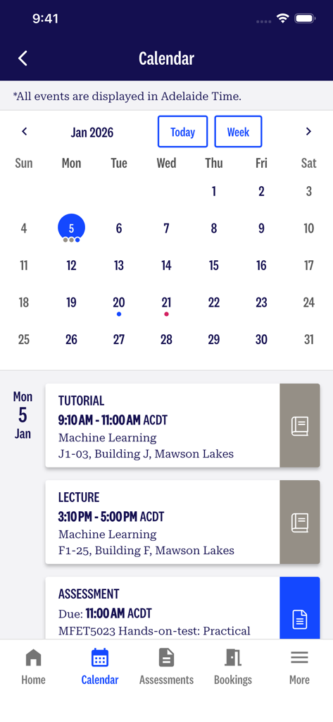 A mobile app calendar screen showing a monthly overview and a daily schedule with tutorials, lectures, and assessment deadlines for an Adelaide University student.