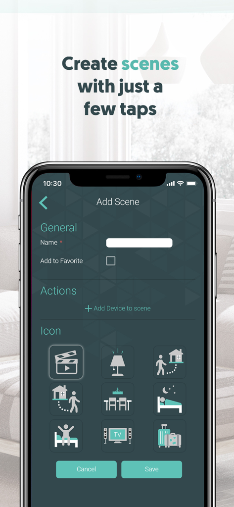Sinopé Neviweb - Interface of the Sinopé Neviweb app showing the screen to create a new smart home scene with various activity icons like sleeping and leaving home.