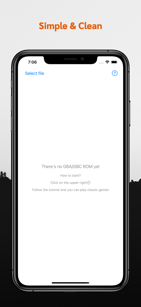 Interface de usuário simples e limpa do aplicativo Emulador de ROM em um iPhone