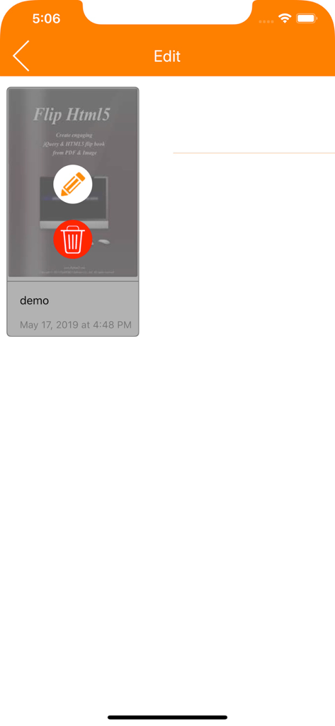 Flip Html5 Reader - Interface for editing a digital flipbook within the Flip HTML5 Reader app showing delete and edit options.