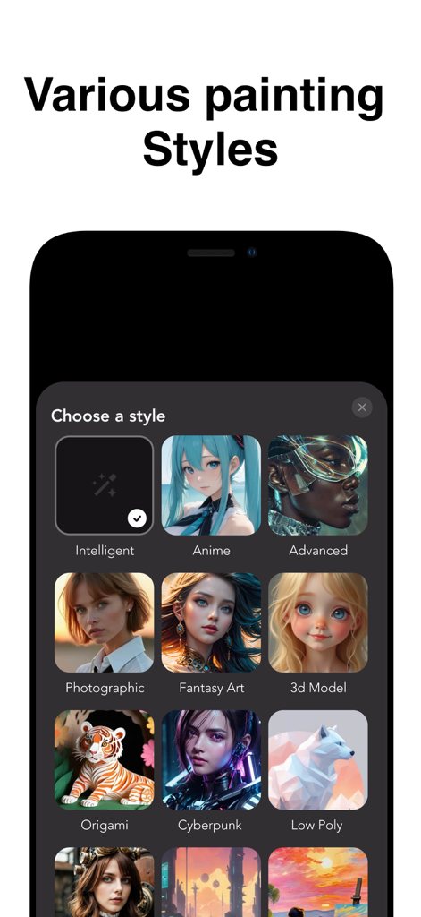 G.AI 4.1 —AI Chatbot Assistant - Interface de aplicativo móvel exibindo diferentes estilos de pintura de IA, incluindo Arte de Fantasia Anime e Cyberpunk