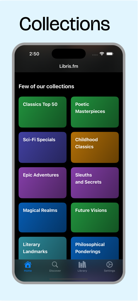 LibriVox! - La interfaz de la aplicación LibriVox mostrando colecciones de audiolibros curadas como Clásicos Top 50 y Obras Maestras Poéticas en una colorida cuadrícula