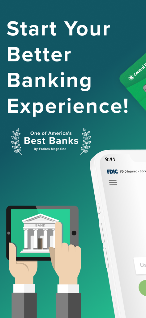 Central Bank - Mobile - Introductory screen for Central Bank mobile app mentioning its ranking as one of Americas Best Banks by Forbes Magazine.