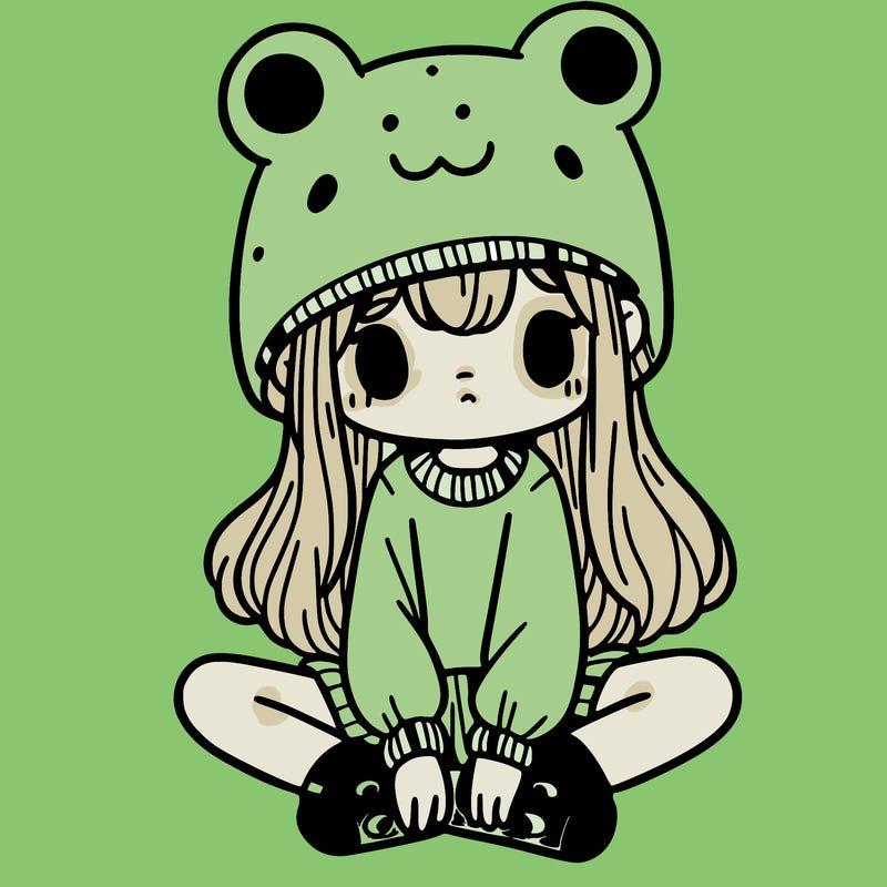 a girl wearing a frog hat and some frog socks