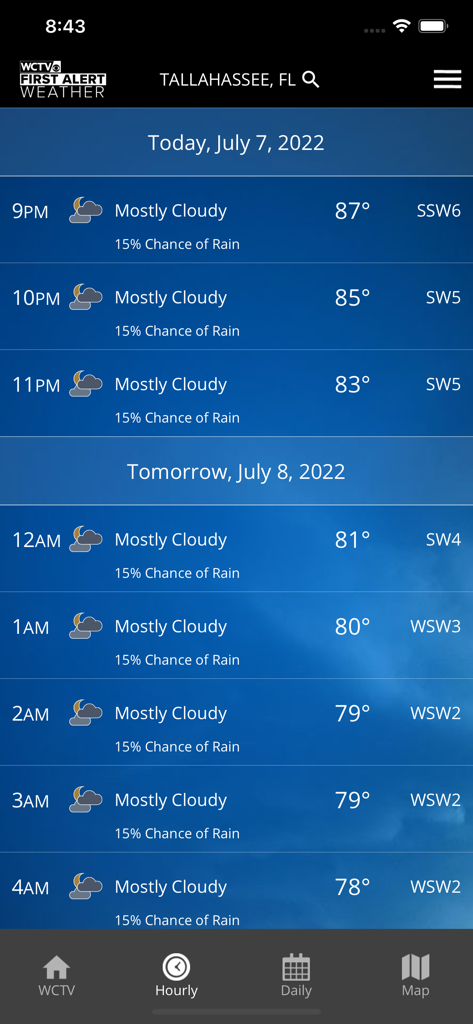 Hourly weather forecast interface for Tallahassee in the WCTV First Alert Weather app