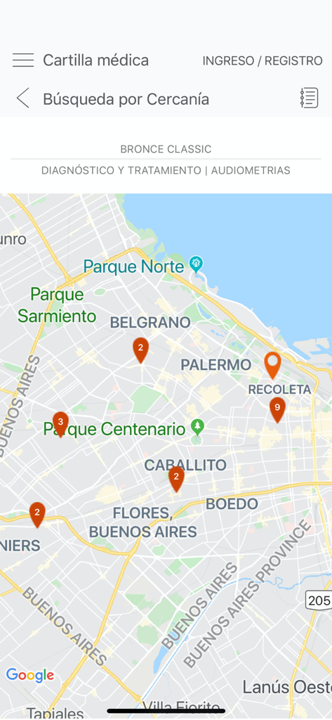 Pantalla de la aplicación Medifé Móvil que muestra un mapa con marcadores de centros médicos y prestadores cerca de Buenos Aires