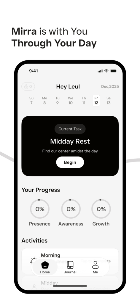 Mirra: Affirmation & Gratitude - Mirra app home screen displaying daily wellness progress trackers and mindfulness tasks