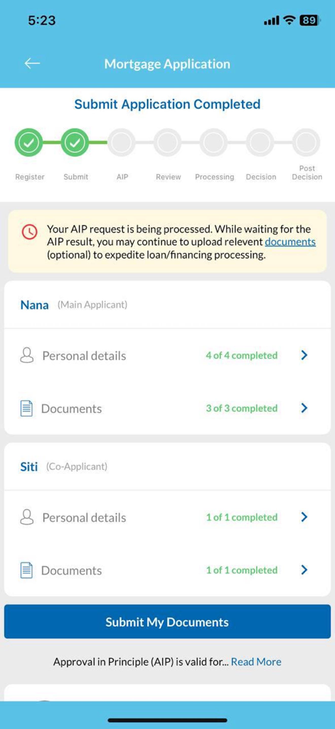 A screenshot of the RHB MyHome app displaying mortgage application progress and document submission status