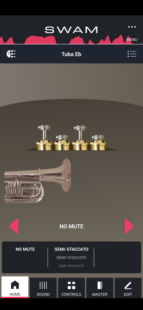 SWAM Tuba Eb - Interface principal do aplicativo SWAM Tuba Eb mostrando um modelo 3D de tuba e configurações de performance