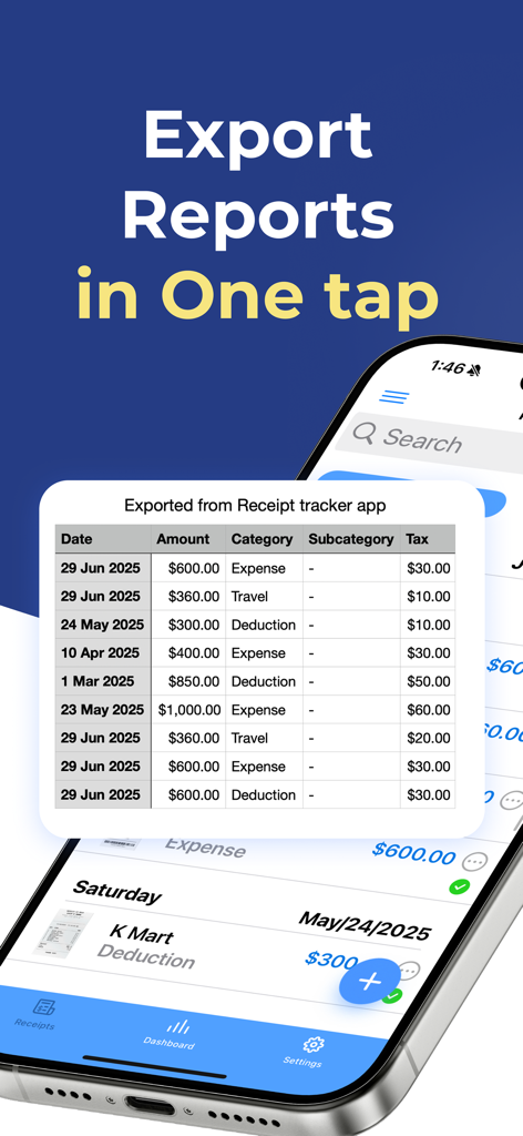 Receipt Tracker - Tax Return - Smartphone displaying an exported expense report table from the Receipt Tracker app