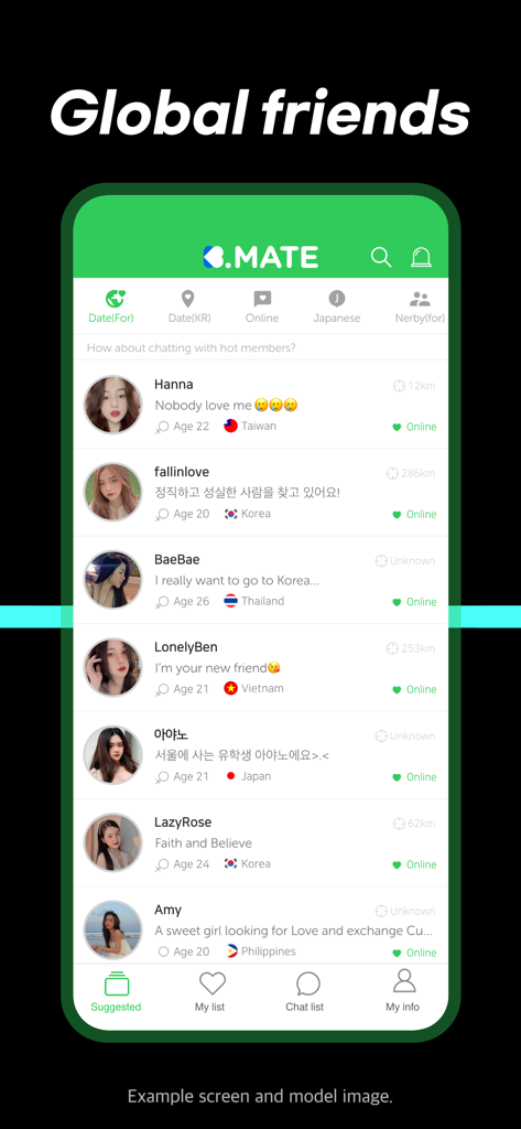 Kmate - Chat with global - Kmate 앱 인터페이스에 글로벌 우정 및 언어 교환을 위한 국제 사용자 프로필 목록 표시
