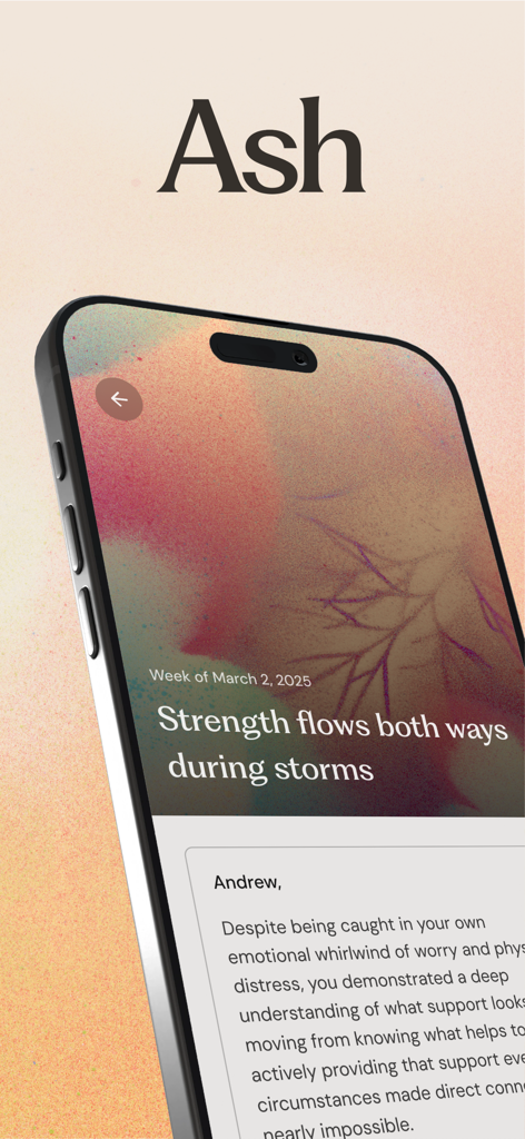 A screenshot of the Ash app showing a weekly personalized insight message for personal growth