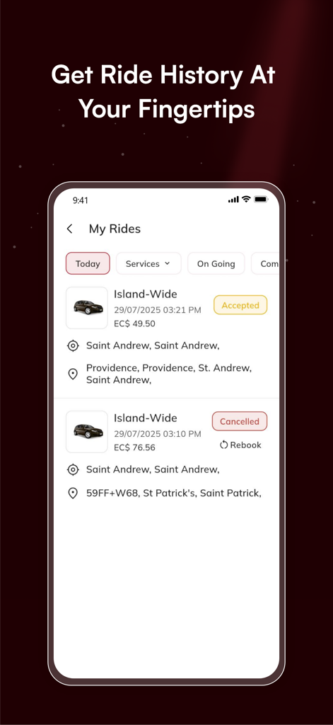Ryde Go - Ryde Go mobile app interface showing a list of completed and cancelled ride history with pricing and location details.