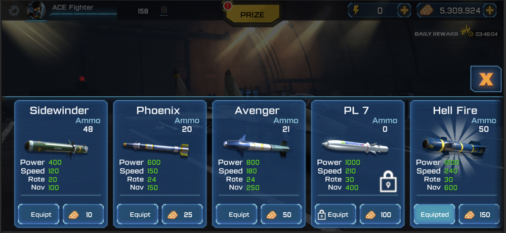 ACE Fighter: Modern Air Combat - Missile selection menu in ACE Fighter showing weapon types like Sidewinder and Hell Fire with combat stats