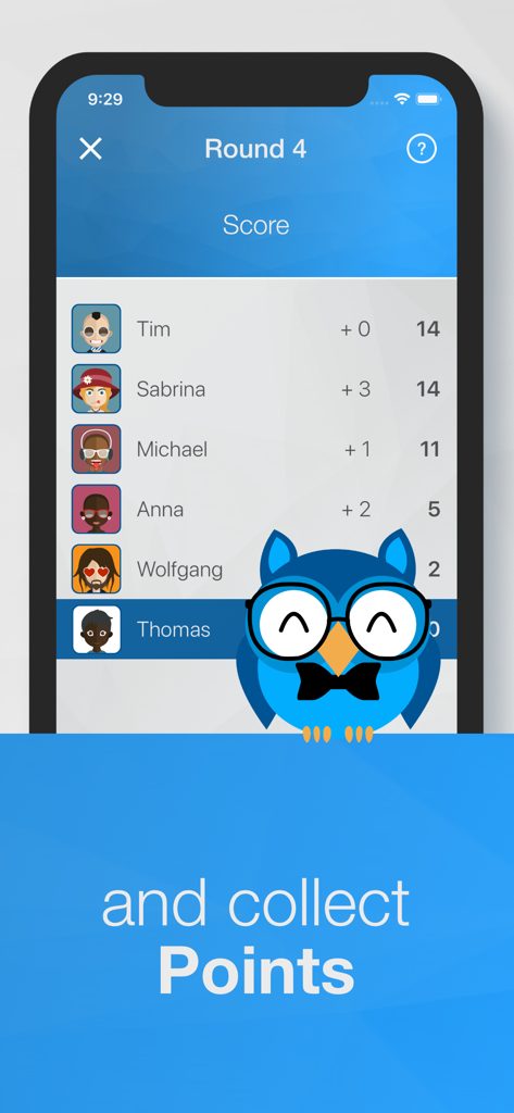 Multiplayer score leaderboard showing points and player avatars in the Finto quiz app