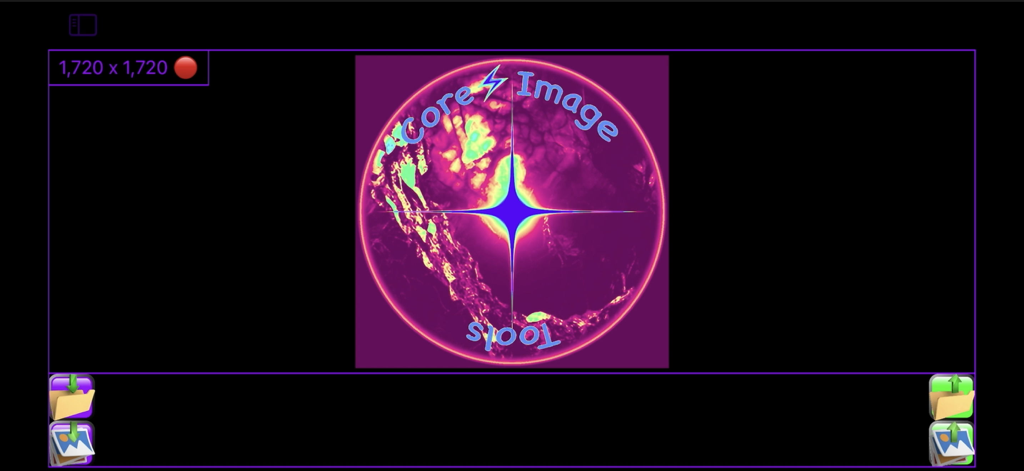 Core Image Tools - Main screen of Core Image Tools app featuring a glowing logo and image resolution display