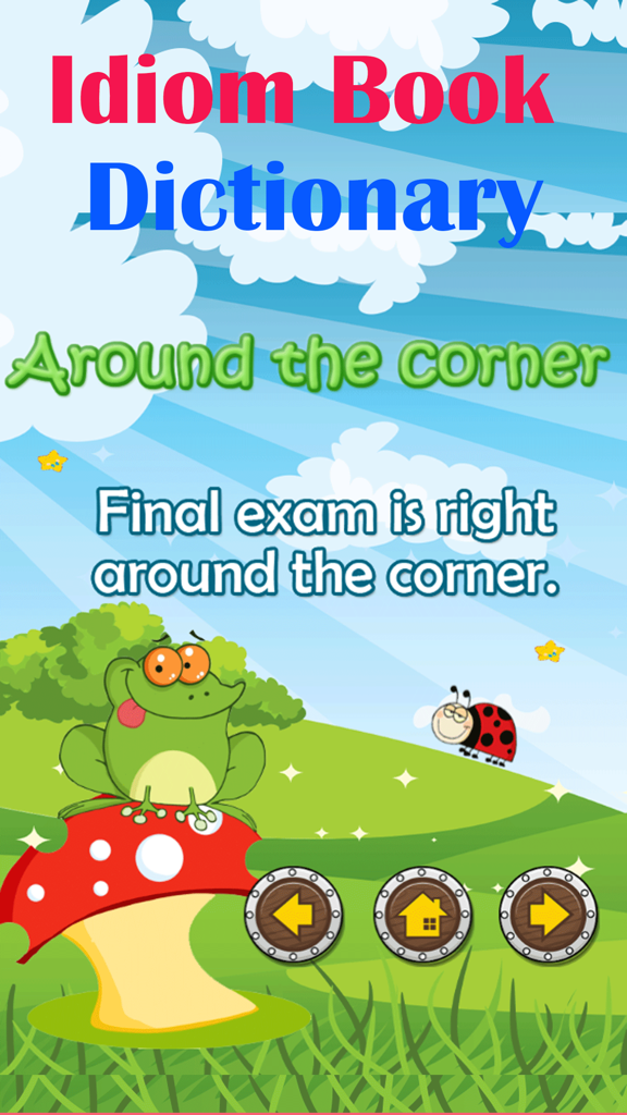 Learn English Sentence Reading - Screenshot of the Idiom Book Dictionary app showing the idiom Around the corner with an example sentence and cartoon landscape
