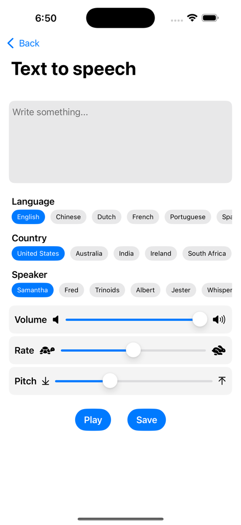 Set Ringtone - Interfaz de texto a voz en la aplicación Set Ringtone mostrando opciones de personalización para idioma, altavoz y configuración de audio