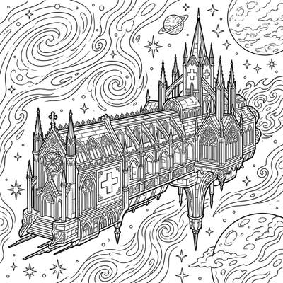 Discover an extraordinary fusion of sci-fi and dark fantasy with this unique coloring page. This intricate design features a medical frigate reimagined as a majestic Gothic spaceship, ready for your creative touch.