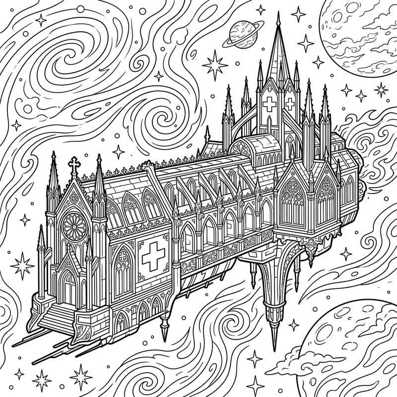 Discover an extraordinary fusion of sci-fi and dark fantasy with this unique coloring page. This intricate design features a medical frigate reimagined as a majestic Gothic spaceship, ready for your creative touch.