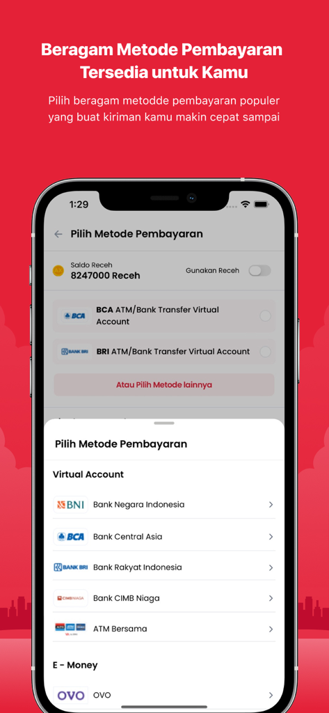 Abang Express - Abang Express app interface displaying multiple payment options including Indonesian bank virtual accounts and e-money services.
