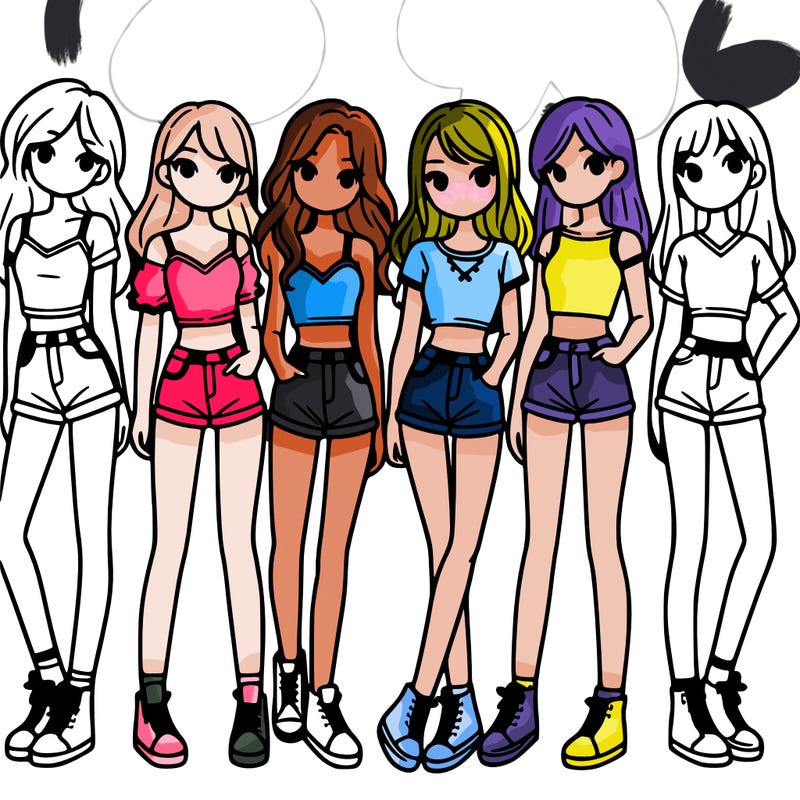 a group of girls wearing crop tops and shorts