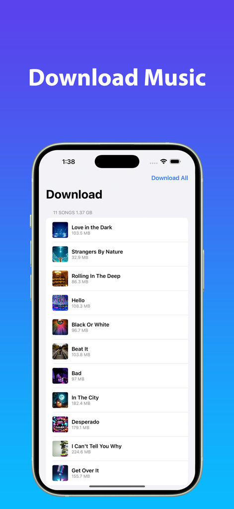 Una interfaz móvil que muestra una lista de canciones que se están descargando con títulos y tamaños de archivo