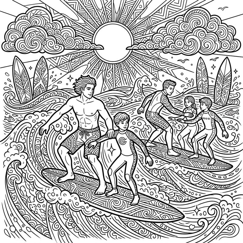 Experience the thrill of a surf lesson with this intricate adult coloring page. Enjoy detailing dynamic waves, enthusiastic instructors, and eager young surfers.
