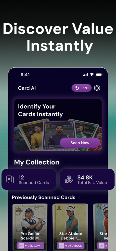 Tela do aplicativo TCG Card Scanner mostrando o valor da coleção e as cartas escaneadas