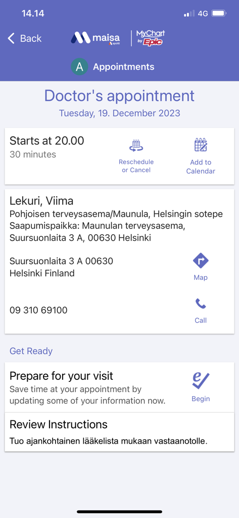 Screenshot of a doctor appointment details page in the Maisa app showing time location and check in instructions