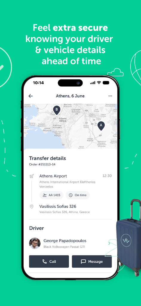 Pantalla de un smartphone que muestra información del conductor y detalles del traslado para una recogida en Atenas.