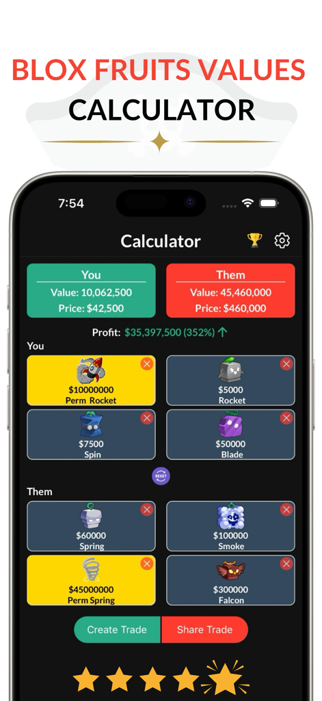 Blox Fruits Values Calculator - Interfaccia dell'app Calcolatore Valori Blox Fruits che mostra un confronto di scambi 4v4 con valori e calcolo del profitto