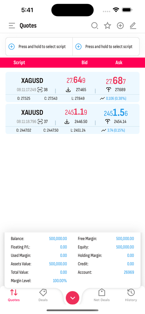 BBCorp iTrader - BBCorp iTrader app interface showing live asset quotes and account financial standing data