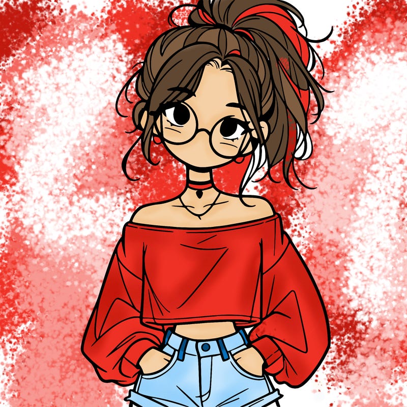 girl with a messy ponytail glasses a baggy crop top and jean shorts