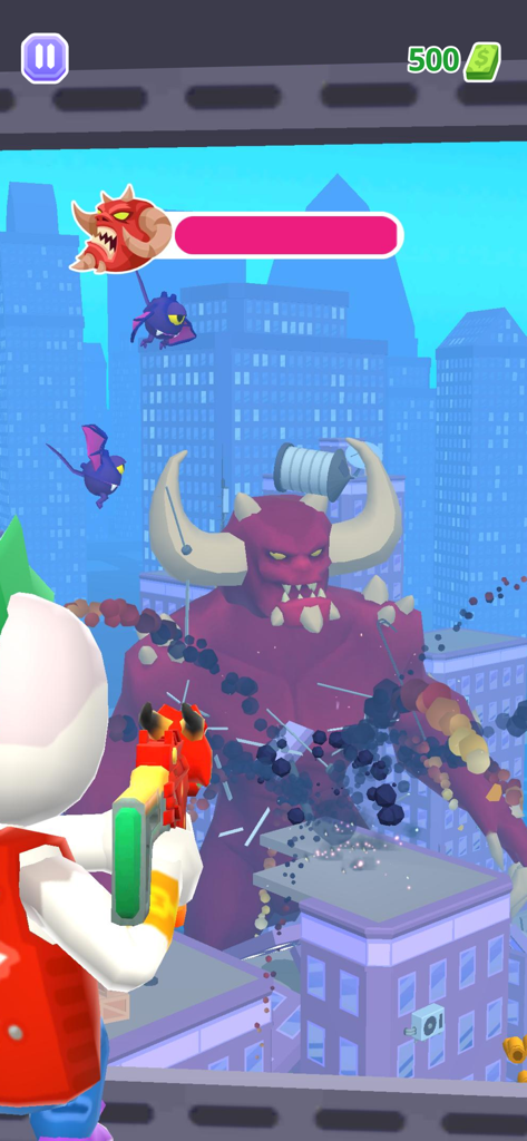 Heli Monsters - Giant Hunter - Ein Spieler zielt mit einer Waffe auf ein massives, gehörntes lila Monster in städtischer Umgebung.