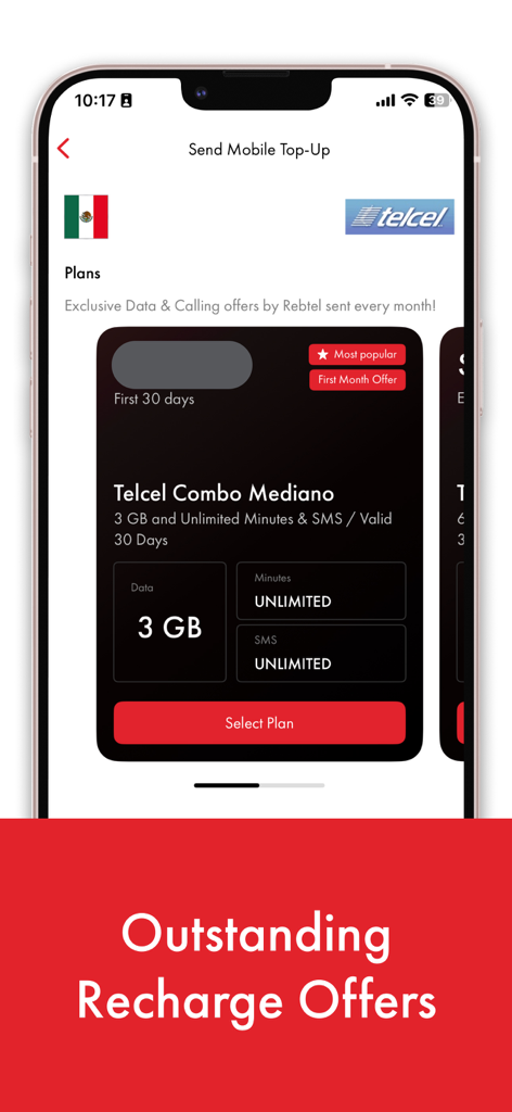 Rebtel app interface showing a mobile top-up plan for Telcel in Mexico with data and unlimited calls