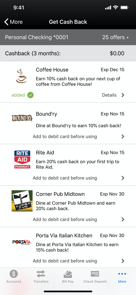 Mechanics Bank mobile banking app showing available cash back rewards and merchant offers