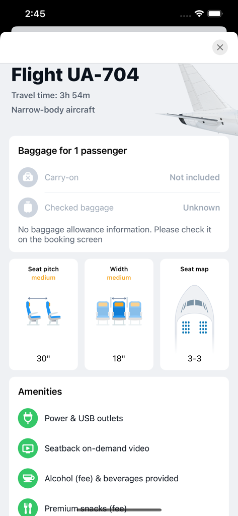 Interfaz de aplicación móvil que muestra detalles del vuelo, incluyendo franquicia de equipaje, dimensiones de los asientos y servicios a bordo.