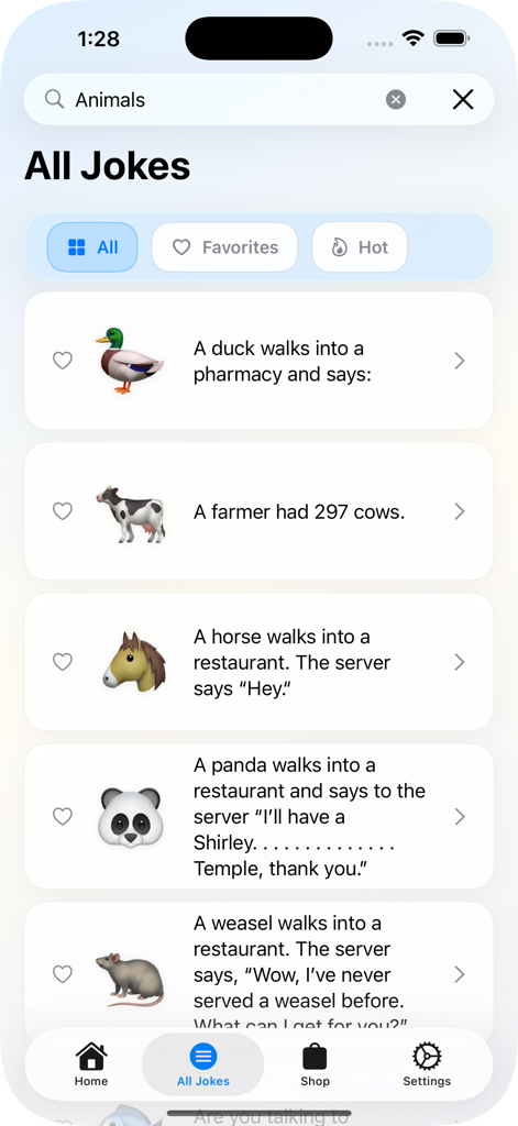 #DadJokes - DadJokesアプリのインターフェイス。説明的な絵文字付きの動物をテーマにしたジョークのリストが表示されています。