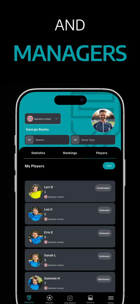 STATZO Football stats tracker - STATZO app interface showing a soccer team manager viewing a roster of players and their positions
