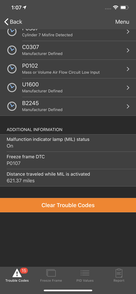 OBDLink app displaying vehicle diagnostic trouble codes and clear codes option