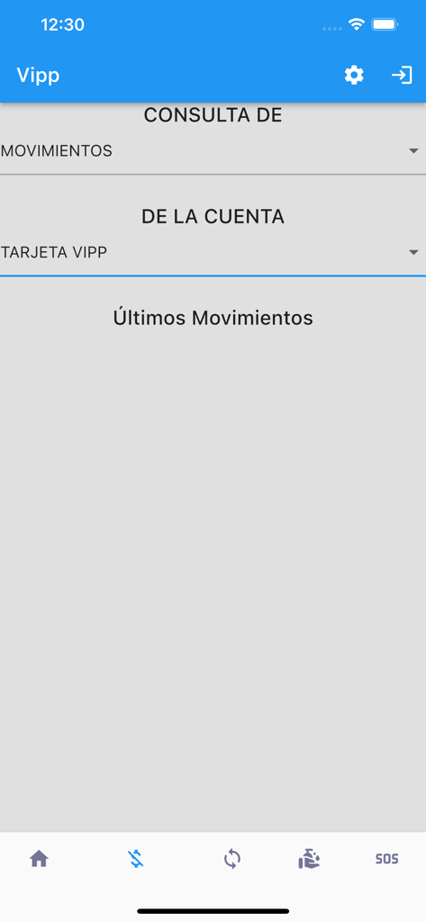Vipp App - Pantalla móvil de Vipp App que muestra las últimas transacciones y la interfaz de consulta de movimientos de cuenta