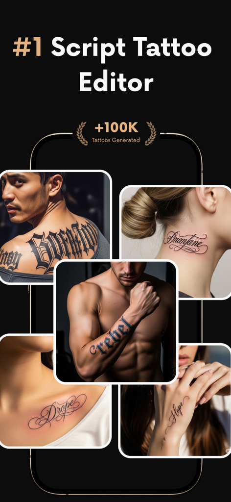 Tattoo Fonts Maker: Tattify - A collage showing different script and lettering tattoo styles on various body parts from the Tattify app