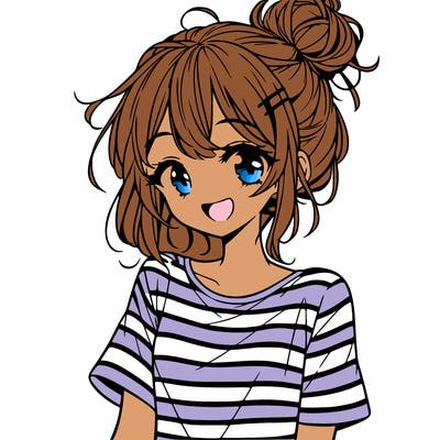 anime girl teenager striped shirt and smile and messy bun