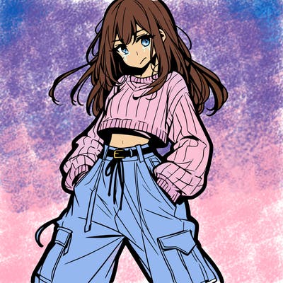 anime teen girl with baggy pants and crop top with sweater