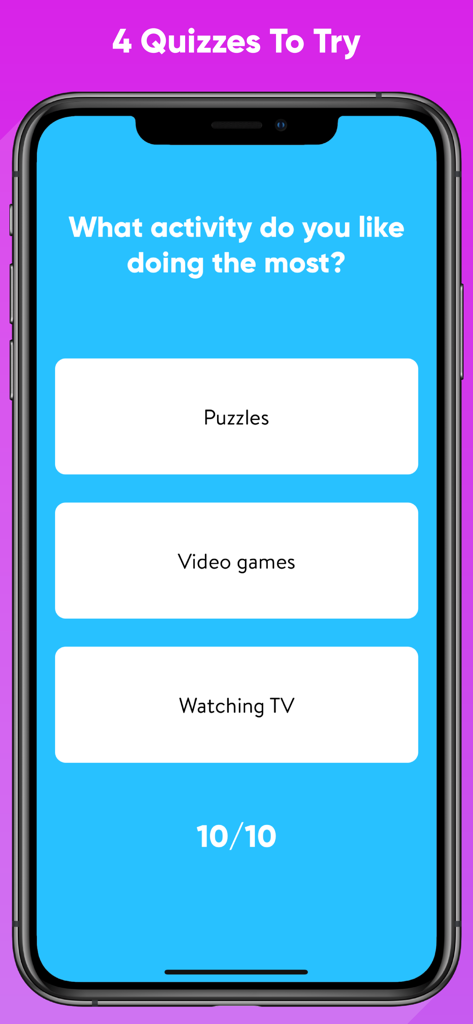 Mental Age Test app screen featuring a multiple choice question about favorite activities